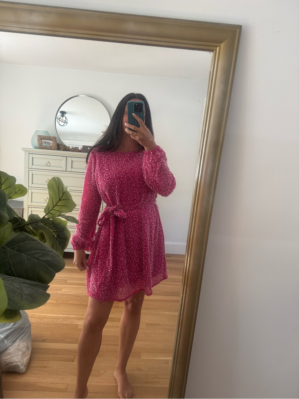 Dress the Popularion M Pink Long-Sleeve beaded Tie-Waist Mini Dress